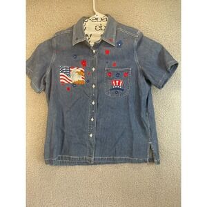 Vintage Quizz Again Embroidered Short Sleeve Button‎ Denim Shirt Women's Large